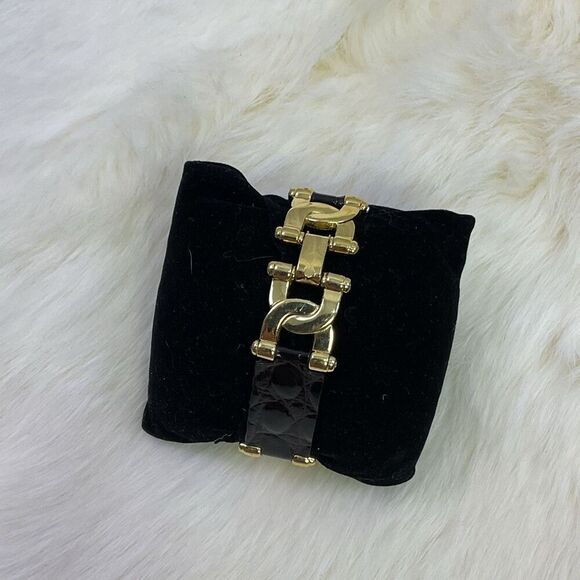 Vintage Burberry Black Leather Silver and Gold Link Bracelet Stamped - Picture 2 of 15